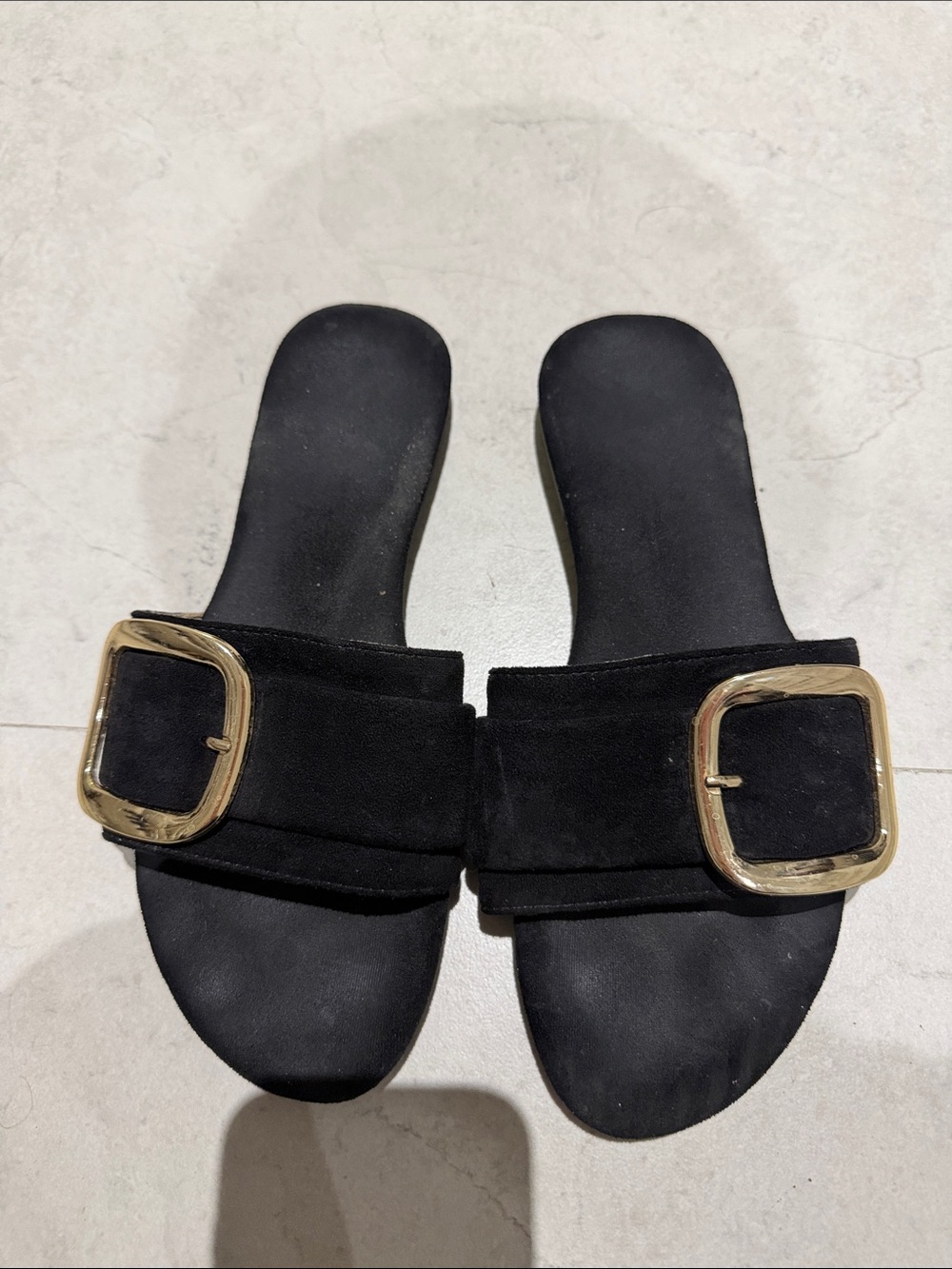 Suede Black Slide Sandals with Gold Buckle